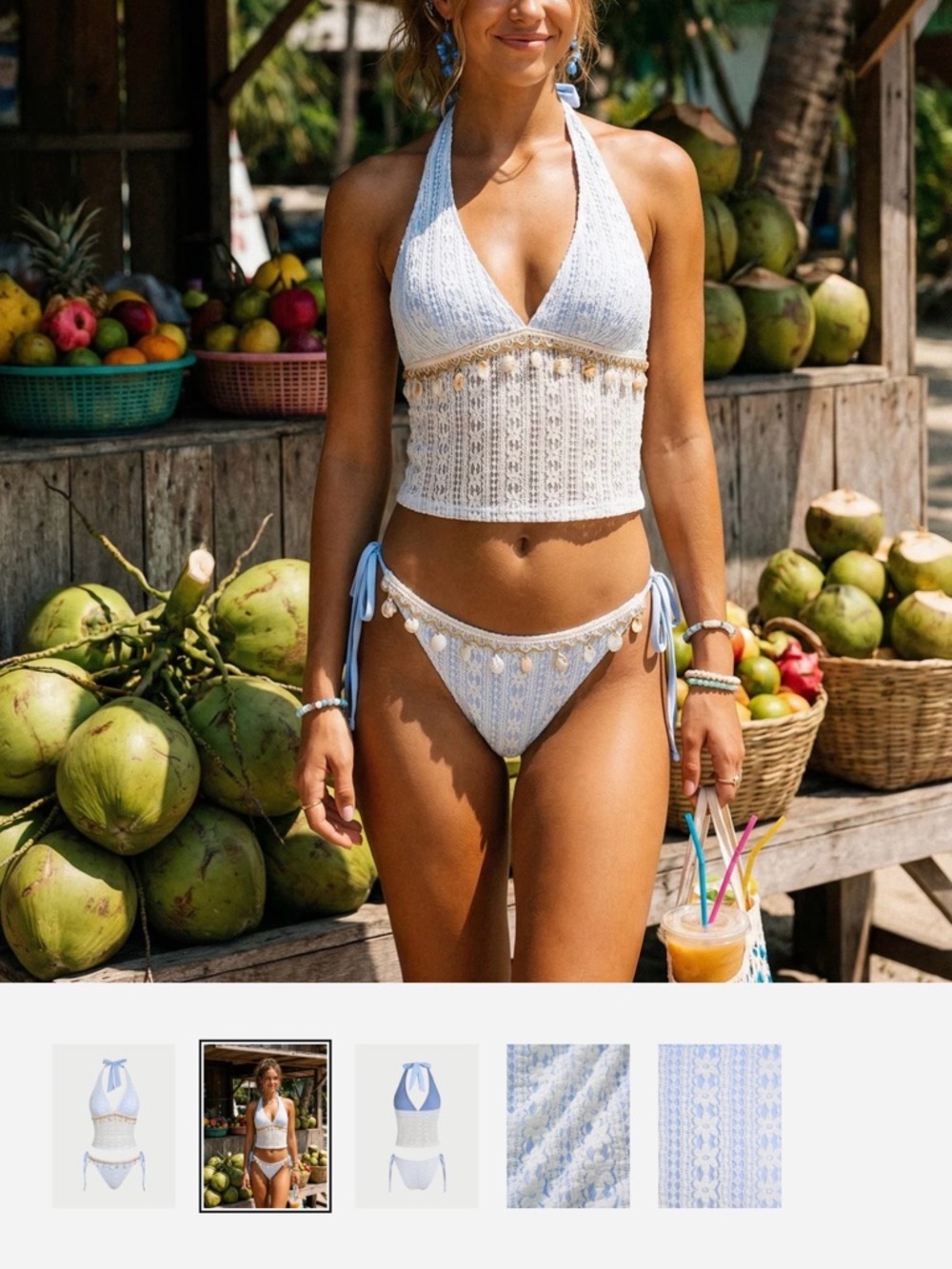Light Blue Crochet Halter Bikini Set with Shell Trim